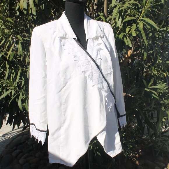 ALL THAT JAZZY MATERNITY BLACK WHITE BLOUSE SIZE MEDIUM L/S LACE TRIM VTG - Picture 1 of 12